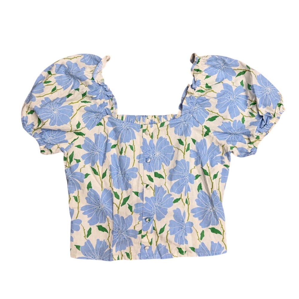 Blue Floral Puff Sleeve Crop Top S Linen Blend Preppy Coastal cottage prairie